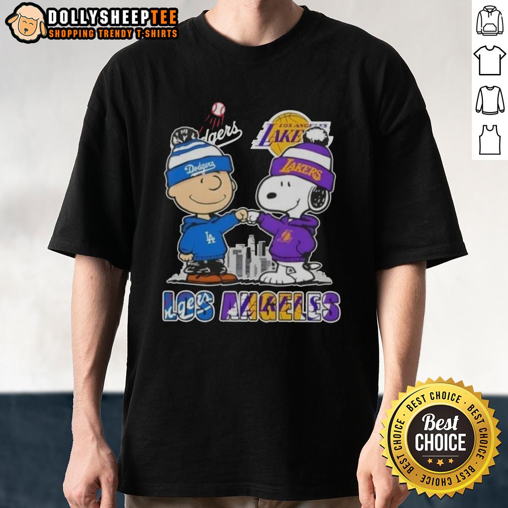 Top Snoopy And Charlie Brown Los Angeles Sports Dodgers X Lakers Skyline T-Shirt