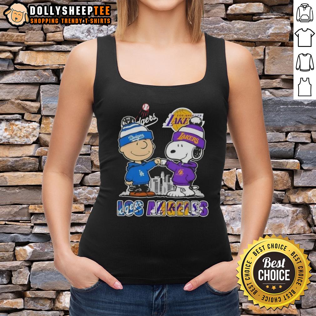 Top Snoopy And Charlie Brown Los Angeles Sports Dodgers X Lakers Skyline T-Shirt - Image 4