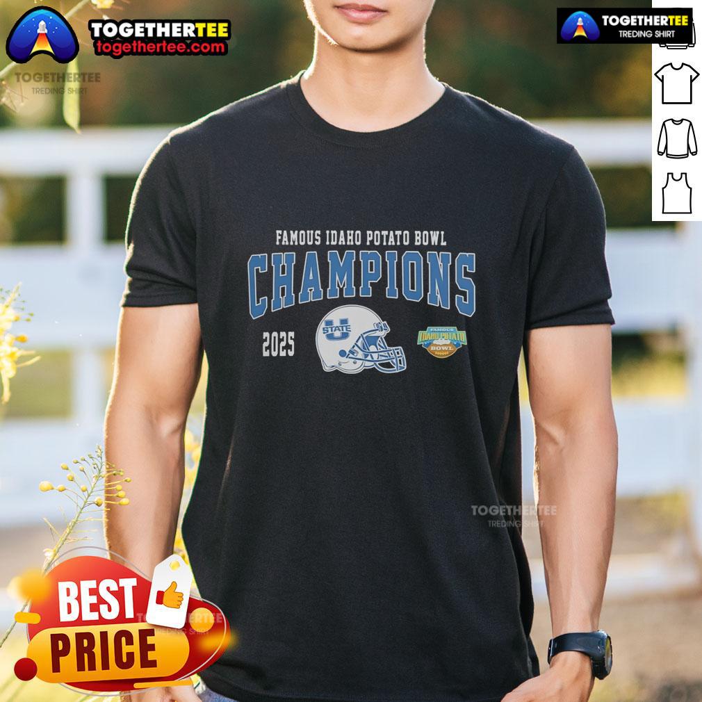Hot Utah State Aggies 2025 Famous Idaho Potato Bowl Champions Helmet T-Shirt