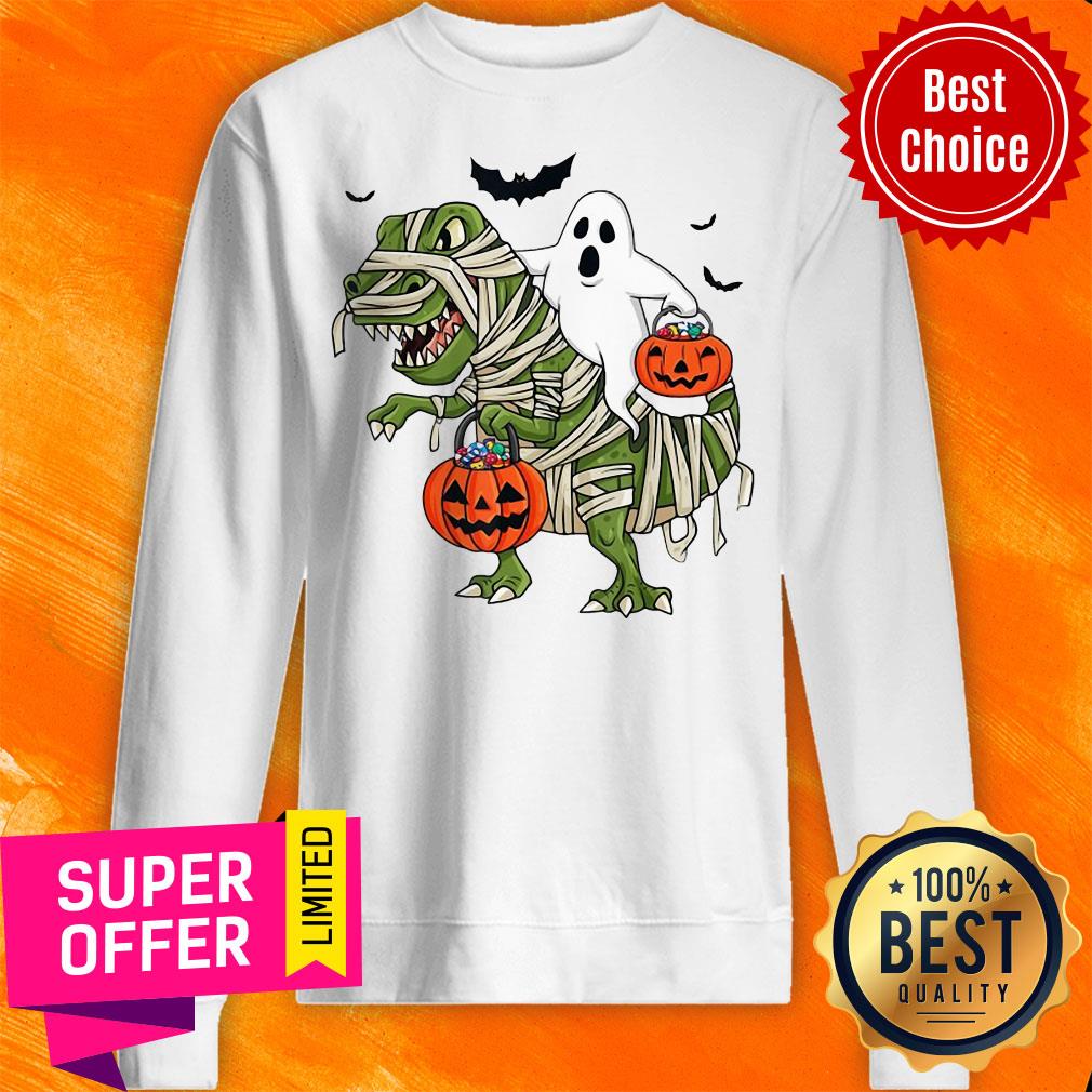 Premium Dinosaur T-rex And Ghost Halloween Pumpkin Shirt - Image 2