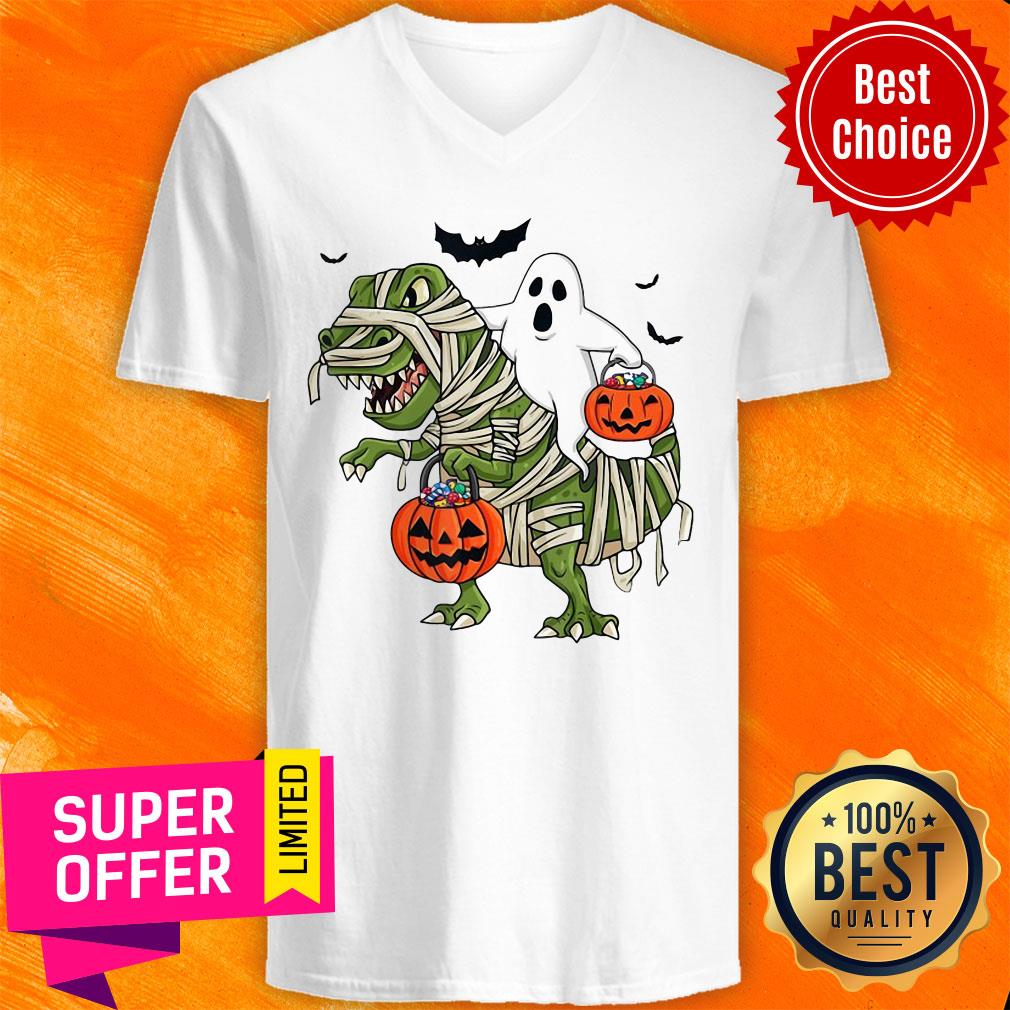 Premium Dinosaur T-rex And Ghost Halloween Pumpkin Shirt - Image 4