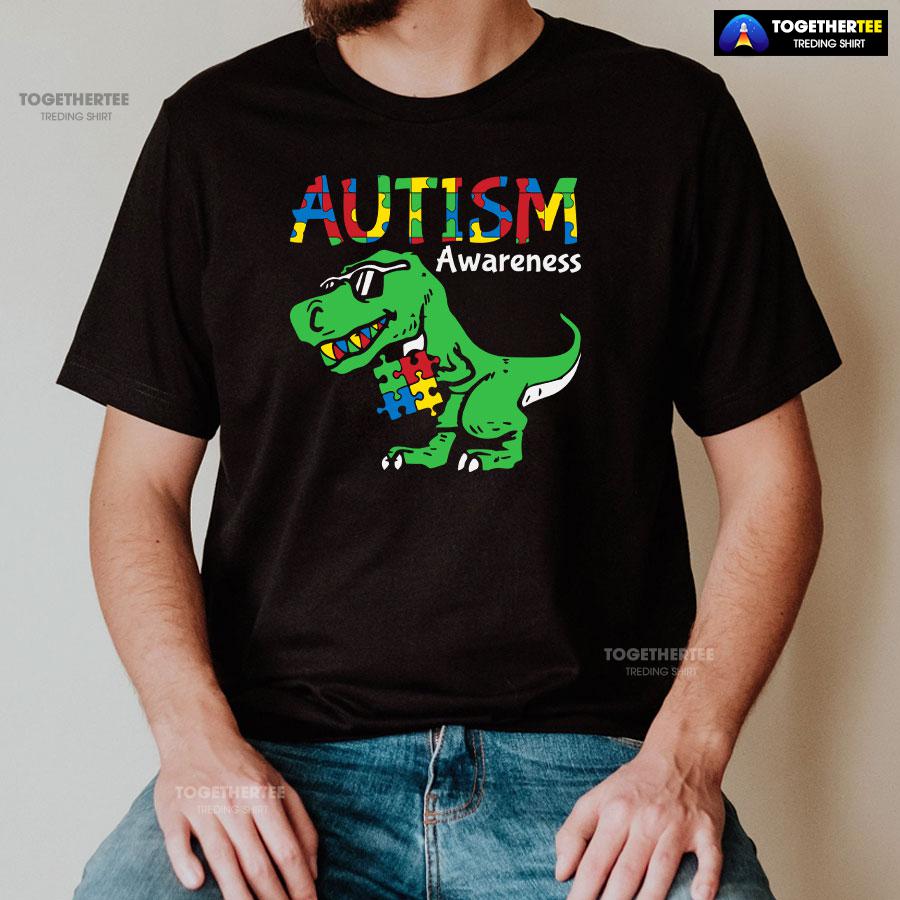 Autism Awareness Dinosaur Puzzle Pieces T-Shirt - Image 2