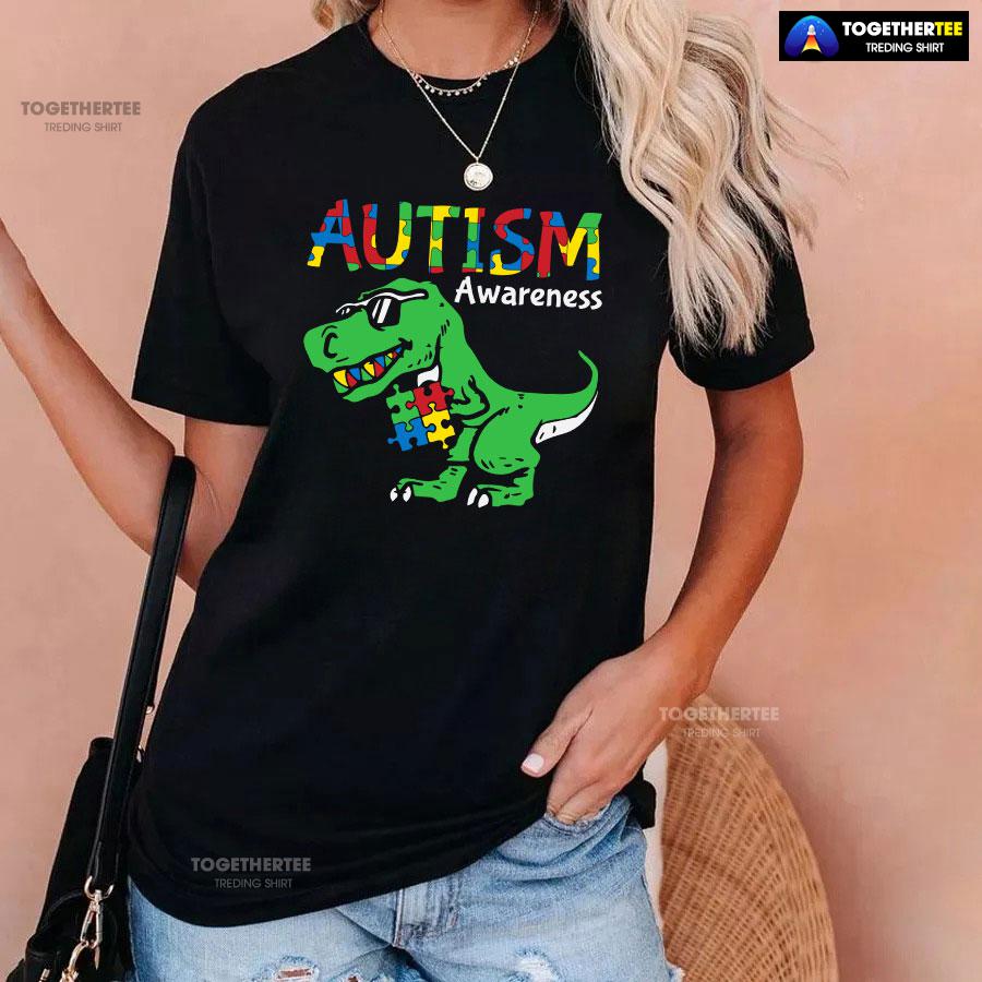 Autism Awareness Dinosaur Puzzle Pieces T-Shirt - Image 3
