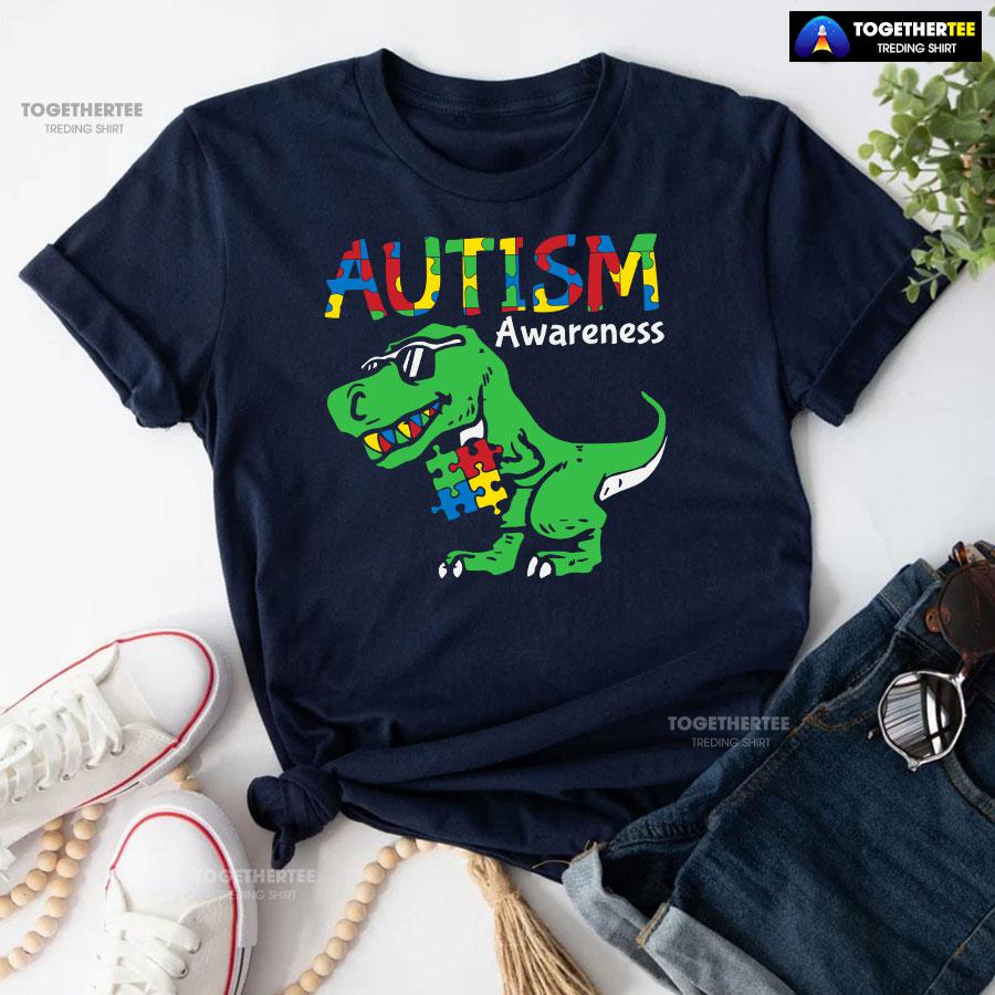 Autism Awareness Dinosaur Puzzle Pieces T-Shirt - Image 4