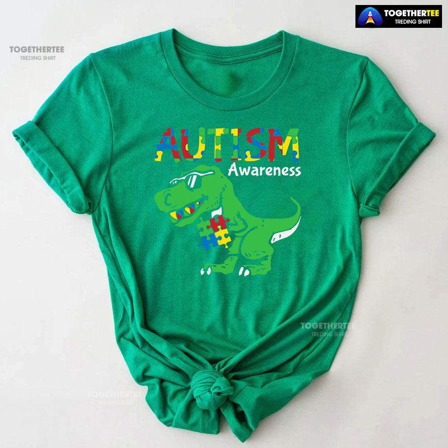 Autism Awareness Dinosaur Puzzle Pieces T-Shirt - Image 7