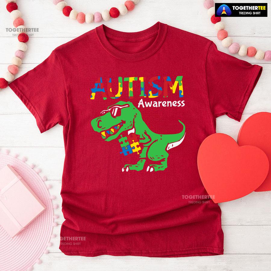 Autism Awareness Dinosaur Puzzle Pieces T-Shirt - Image 8