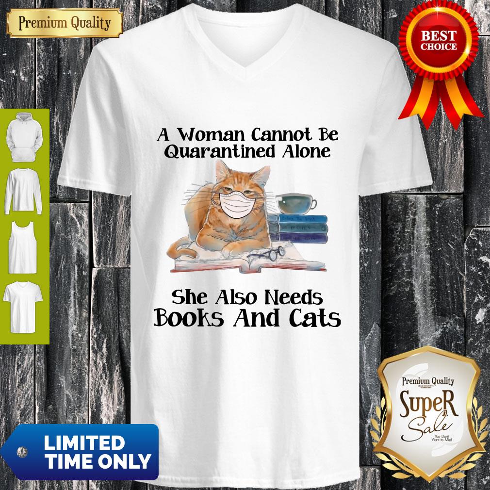 Nice A Woman Can Not Be Quarantined Alone Books And Cats Coronavirus Shirt - Image 3
