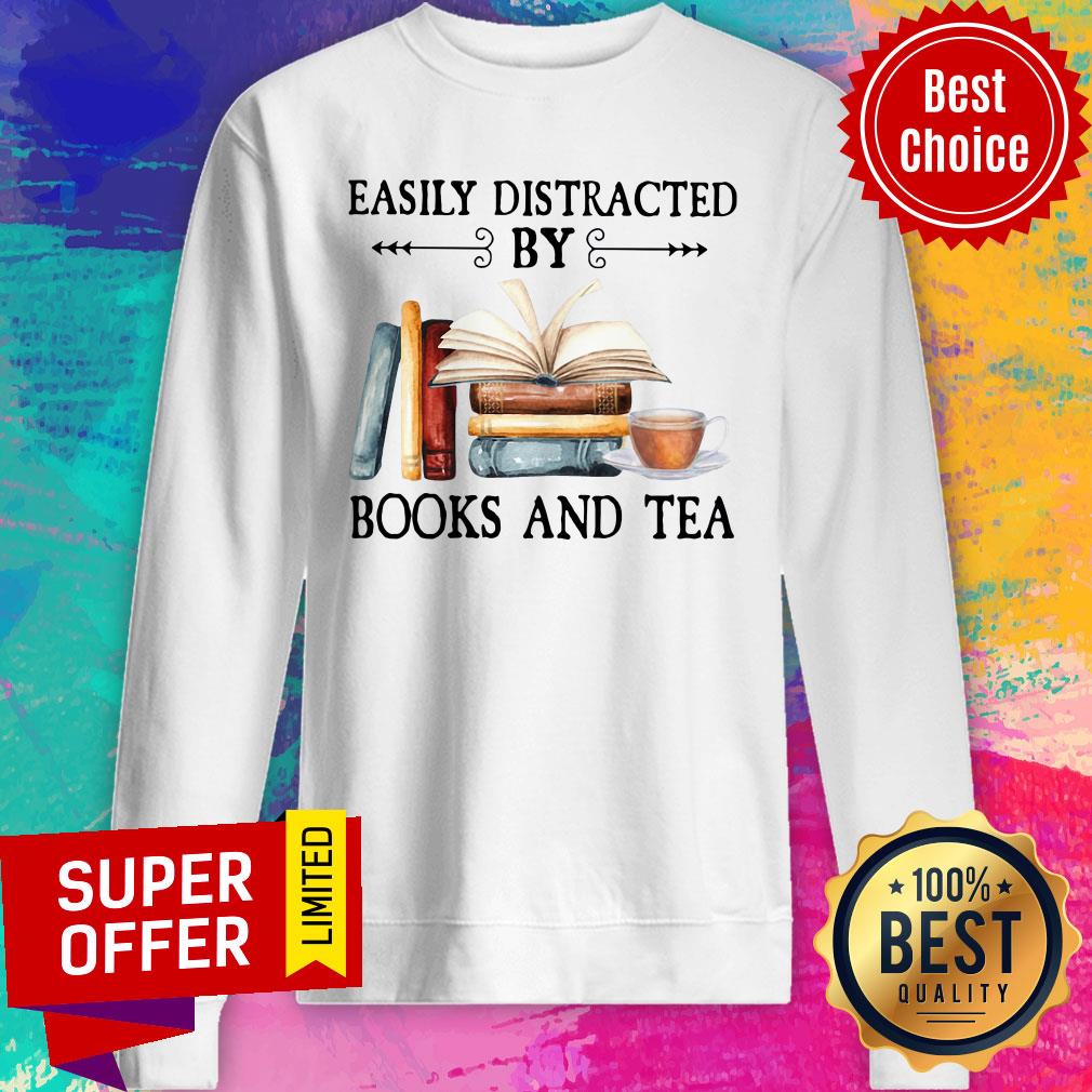 Official Easily Distracted By Books And Tea Shirt - Image 3