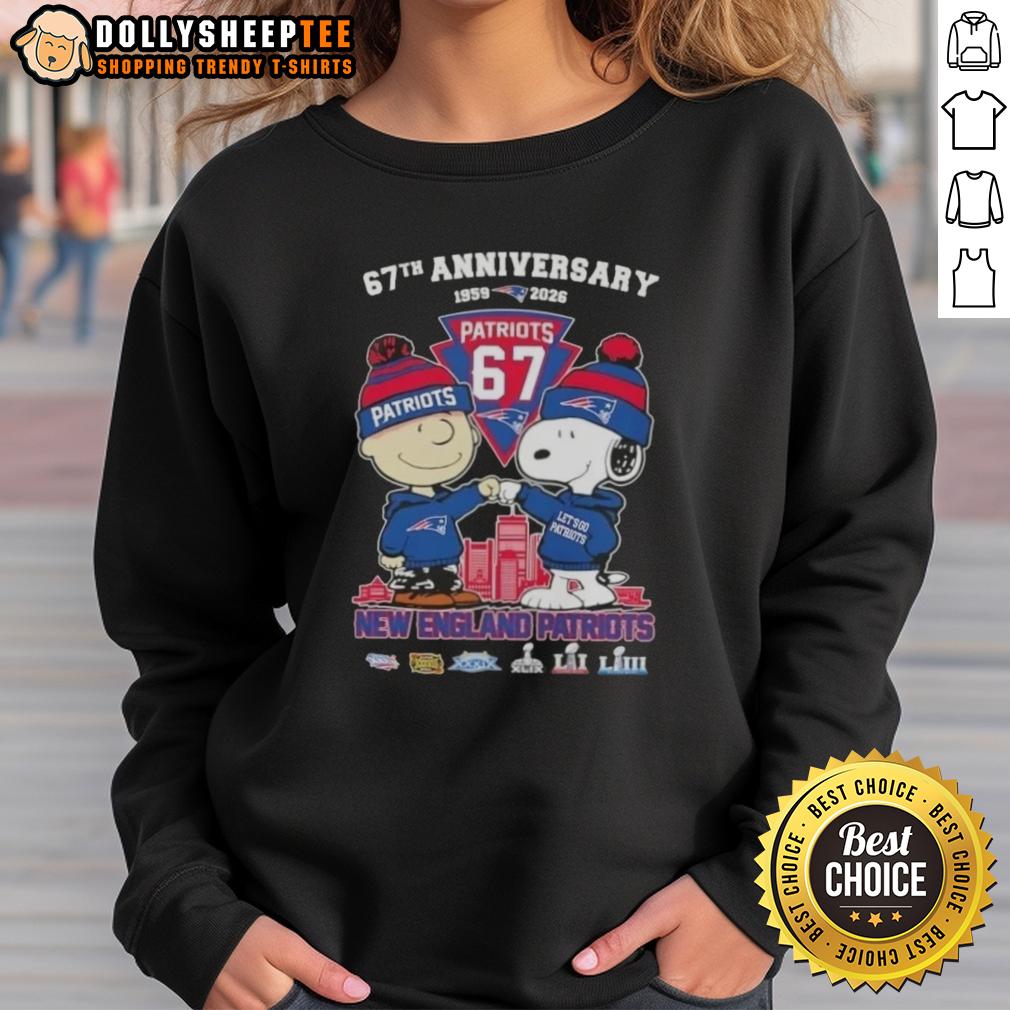 Hot Charlie Brown And Snoopy Super Bowl 67th Anniversary 1959 2026 New England Patriots Football Skyline T-Shirt - Image 5