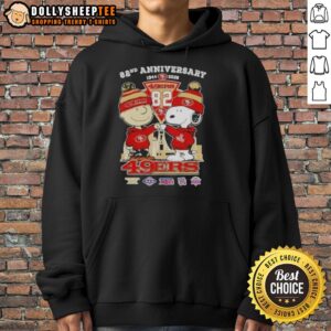 Alternative view of Hot Charlie Brown And Snoopy Super Bowl 82nd Anniversary 1944 2026 San Francisco 49ers Football Skyline T-Shirt