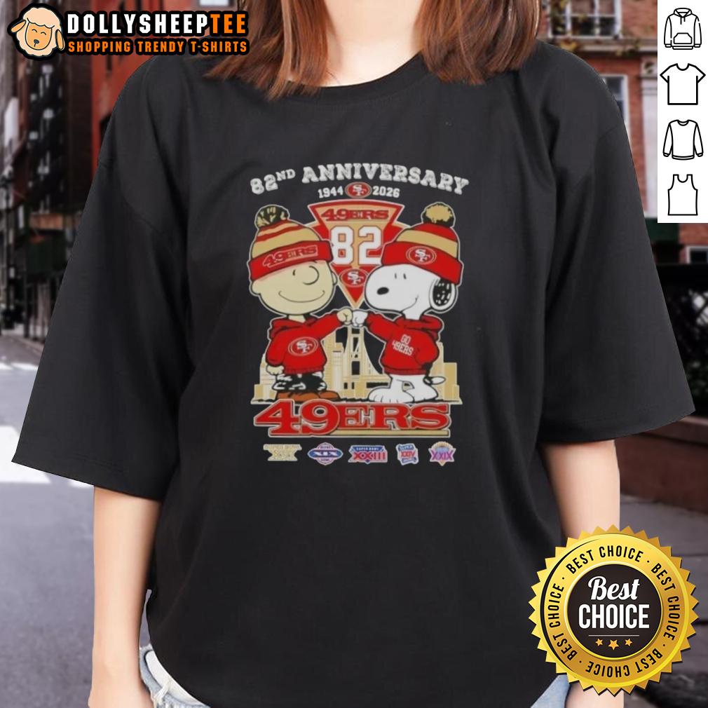Hot Charlie Brown And Snoopy Super Bowl 82nd Anniversary 1944 2026 San Francisco 49ers Football Skyline T-Shirt - Image 3