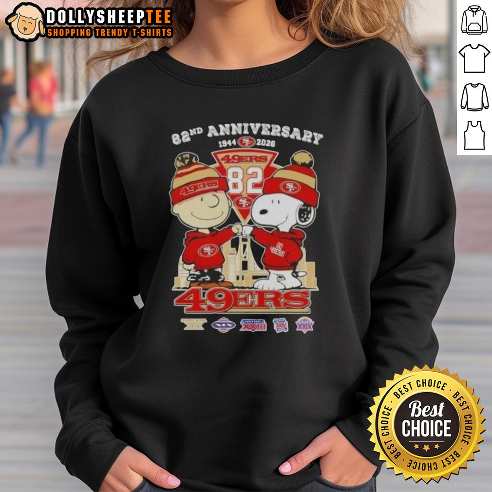 Hot Charlie Brown And Snoopy Super Bowl 82nd Anniversary 1944 2026 San Francisco 49ers Football Skyline T-Shirt - Image 5
