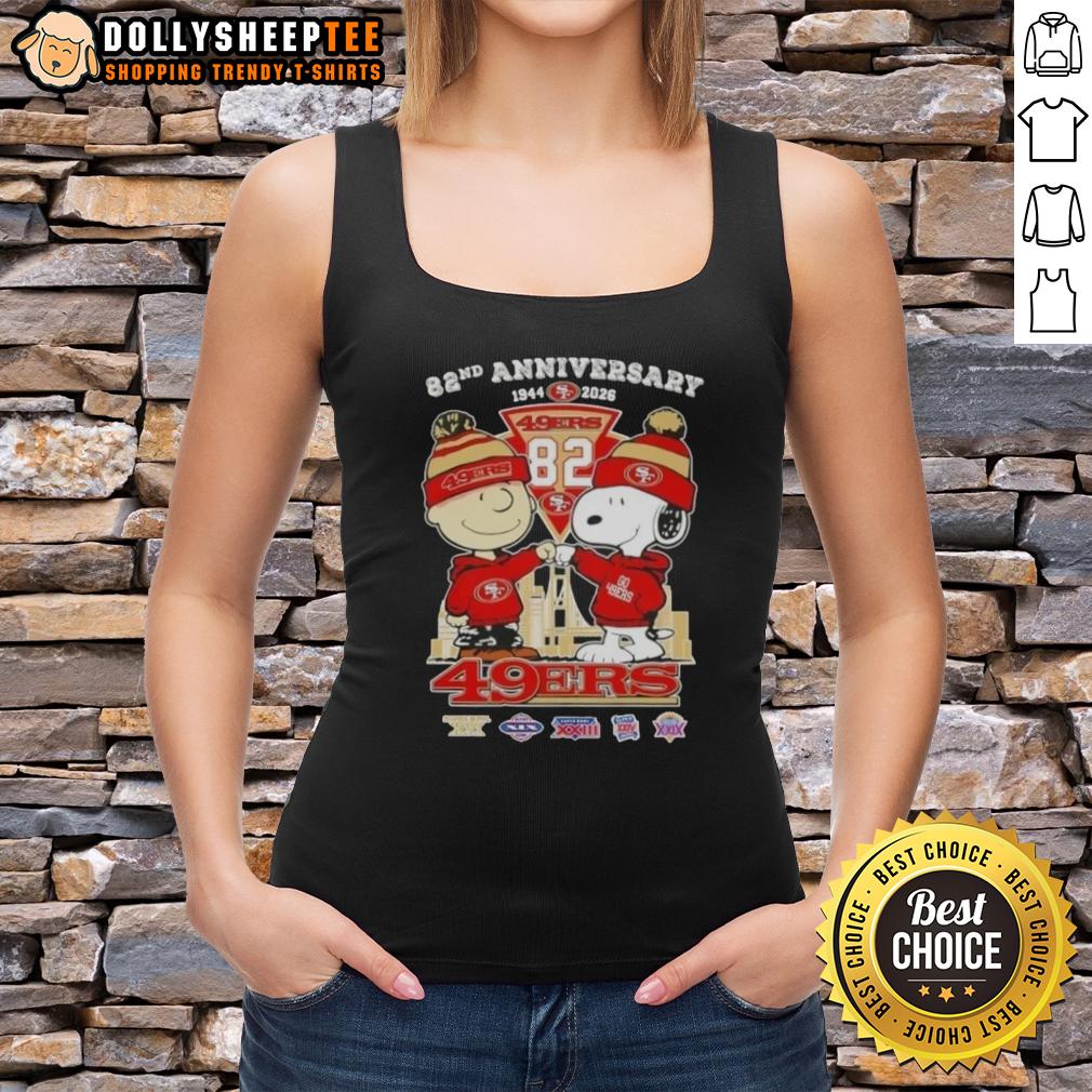 Hot Charlie Brown And Snoopy Super Bowl 82nd Anniversary 1944 2026 San Francisco 49ers Football Skyline T-Shirt - Image 4