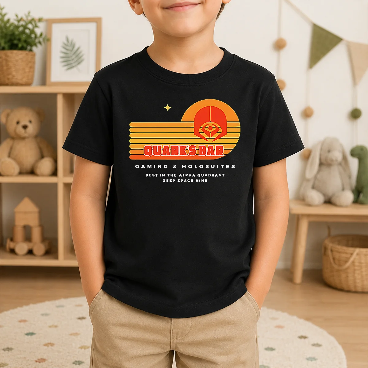 Good Quark's Bar Gaming & Holosuites Deep Space Nine Retro Shirt - Image 9