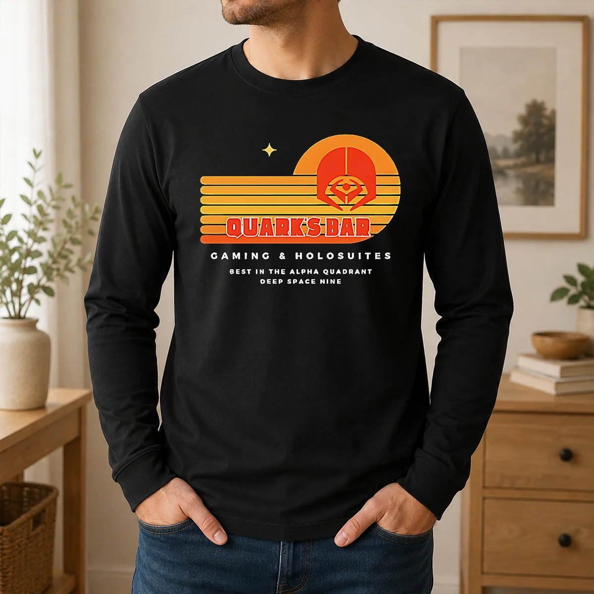 Good Quark's Bar Gaming & Holosuites Deep Space Nine Retro Shirt - Image 6