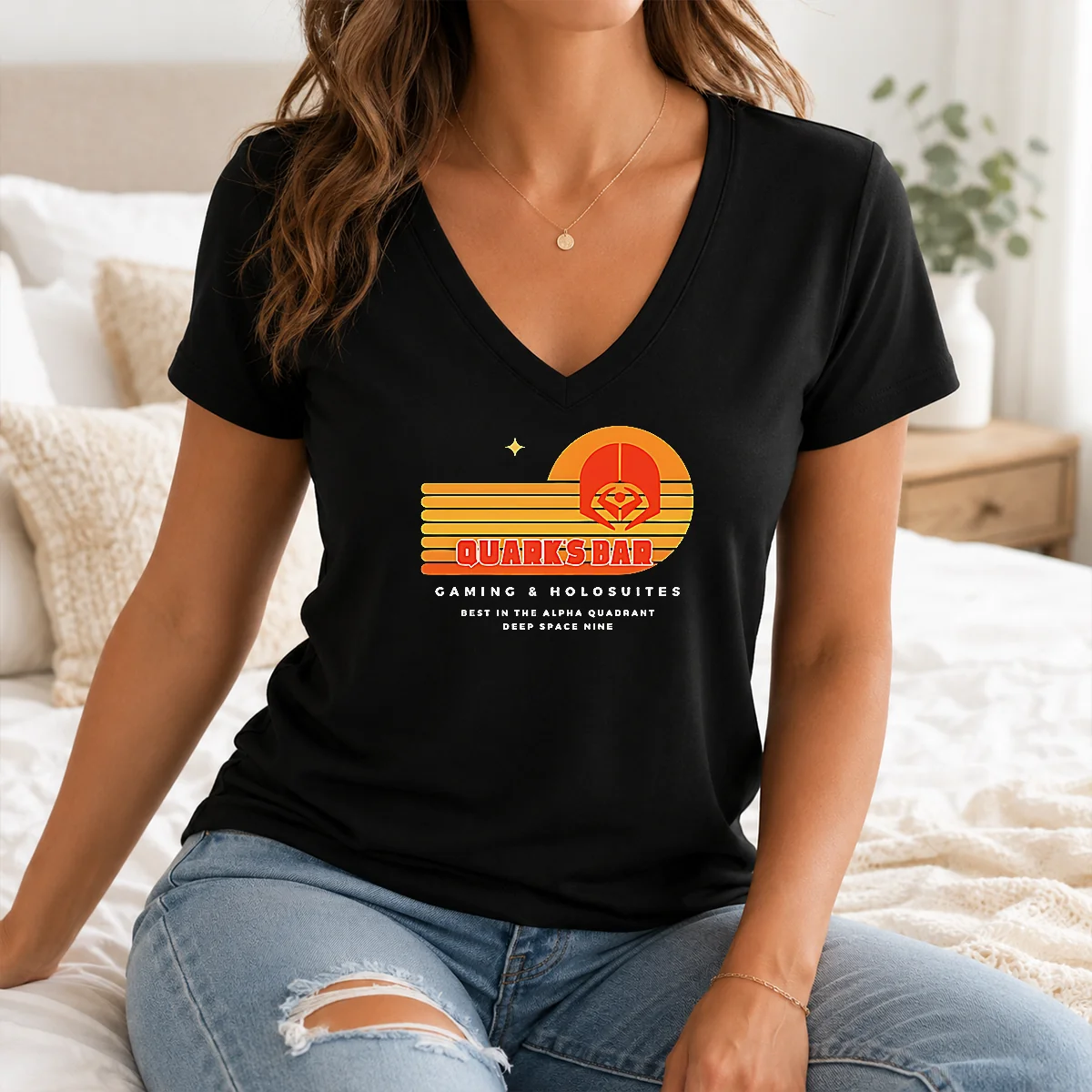 Good Quark's Bar Gaming & Holosuites Deep Space Nine Retro Shirt - Image 2