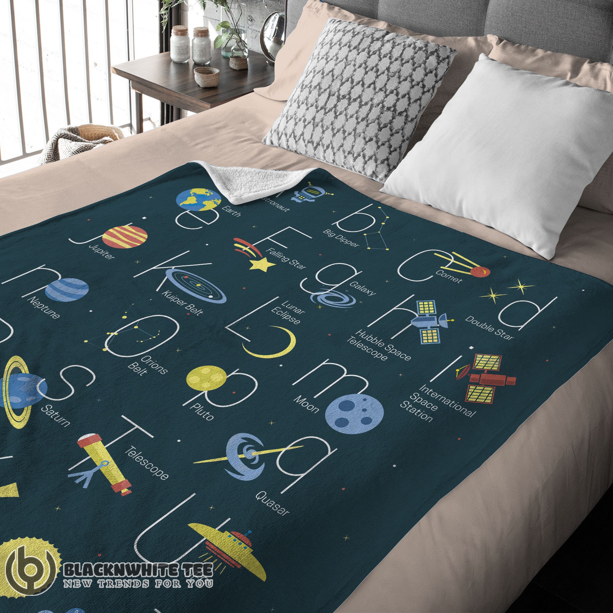 Awesome Good Outer Space Alphabet Poster Cute A To Z Astronomy Fleece Blanket - Image 3