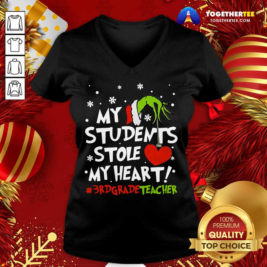 Nice Grinch Hand Holding Heart My Students Stole My Heart #3rdgradeteacher Shirt - Image 2