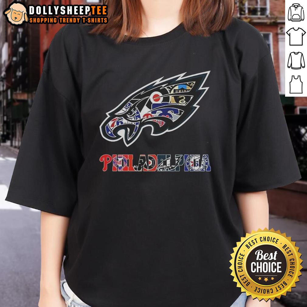 Hot Philadelphia Eagles NFL And Philadelphia Sport Teams Collage Logo T-Shirt - Image 3