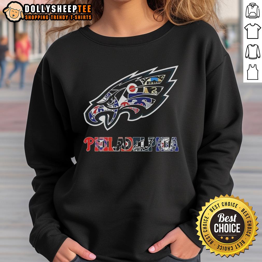Hot Philadelphia Eagles NFL And Philadelphia Sport Teams Collage Logo T-Shirt - Image 5