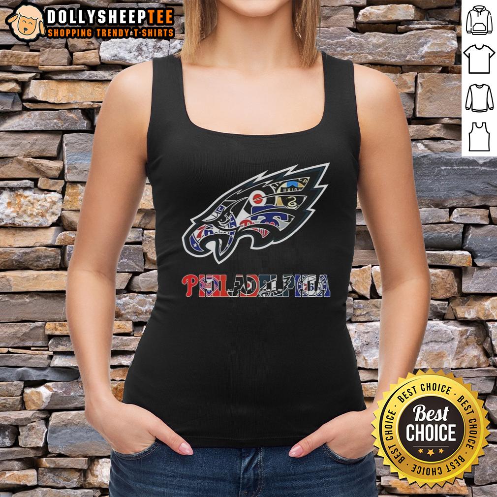 Hot Philadelphia Eagles NFL And Philadelphia Sport Teams Collage Logo T-Shirt - Image 4