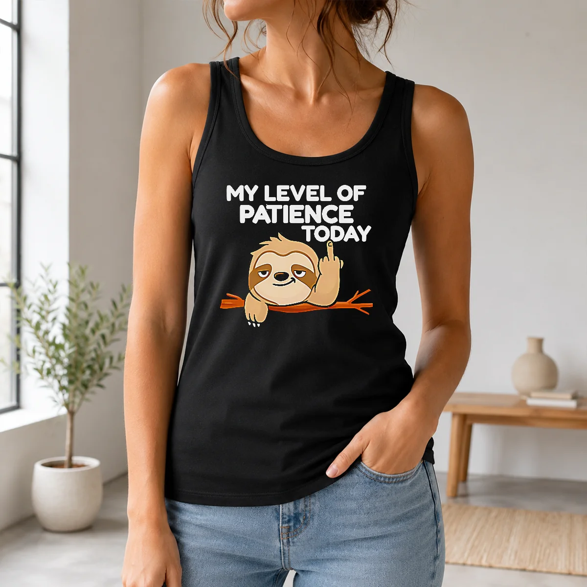 Funny Nice Sloth Middle Finger My Level Of Patience Today Cartoon Shirt - Image 3