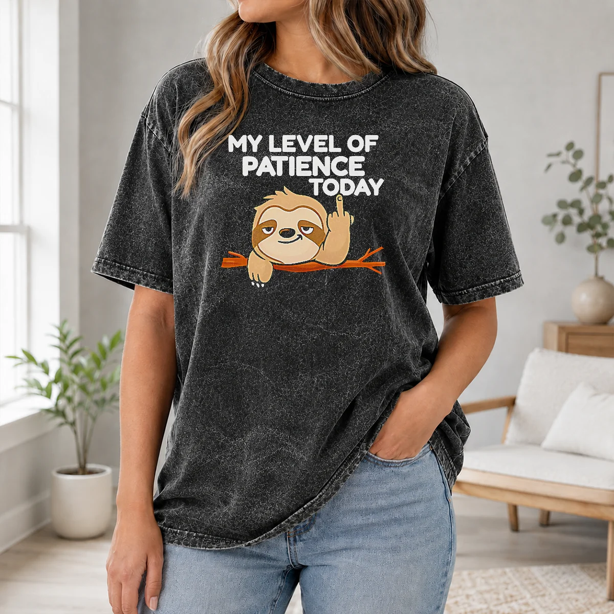 Funny Nice Sloth Middle Finger My Level Of Patience Today Cartoon Shirt - Image 6