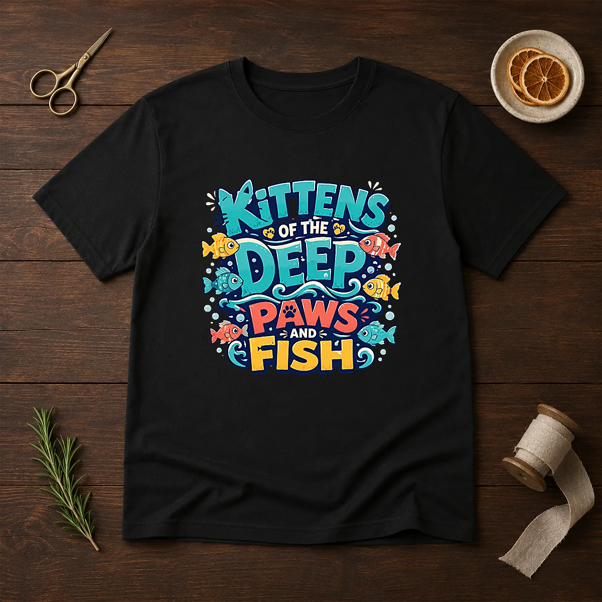 Premium Kittens Of The Deep Paws And Fish Typography Shirt