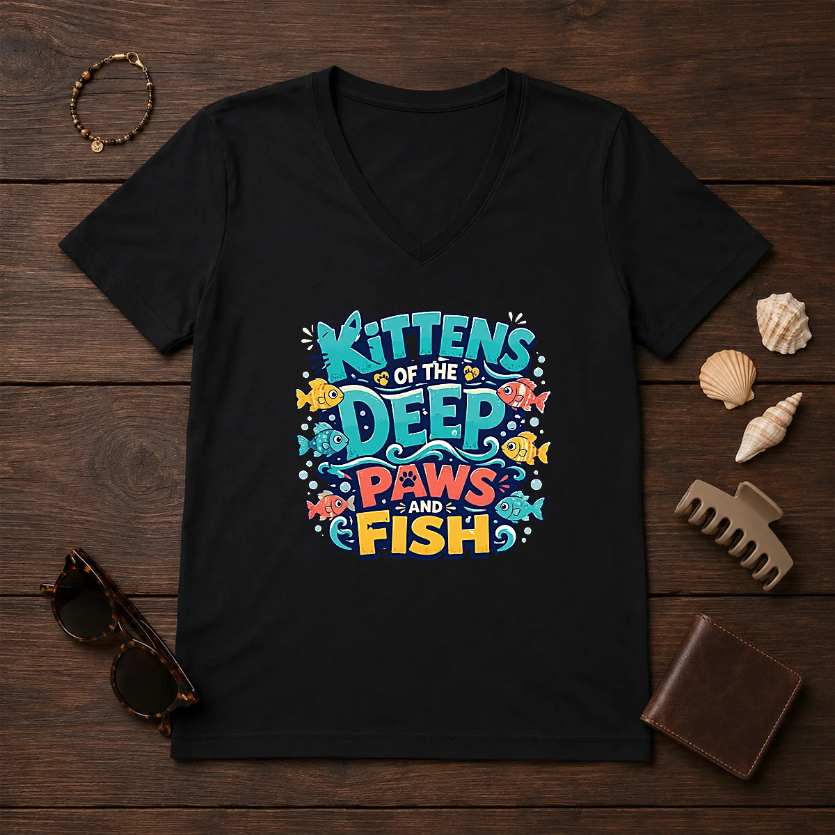 Premium Kittens Of The Deep Paws And Fish Typography Shirt - Image 2
