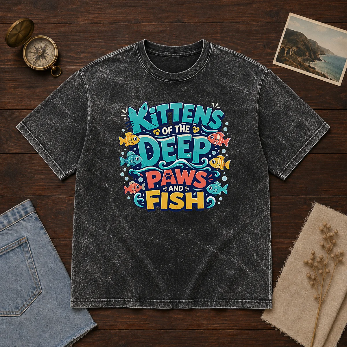 Premium Kittens Of The Deep Paws And Fish Typography Shirt - Image 8