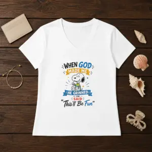 Alternative view of Official Snoopy Peanuts When God Made Me He Grinned And Said Thisll Be Fun Shirt