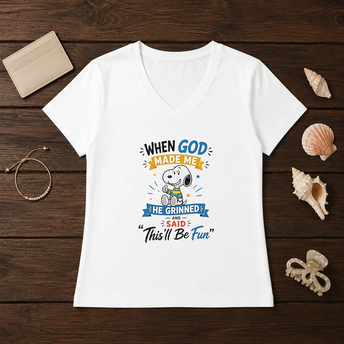 Official Snoopy Peanuts When God Made Me He Grinned And Said Thisll Be Fun Shirt - Image 2