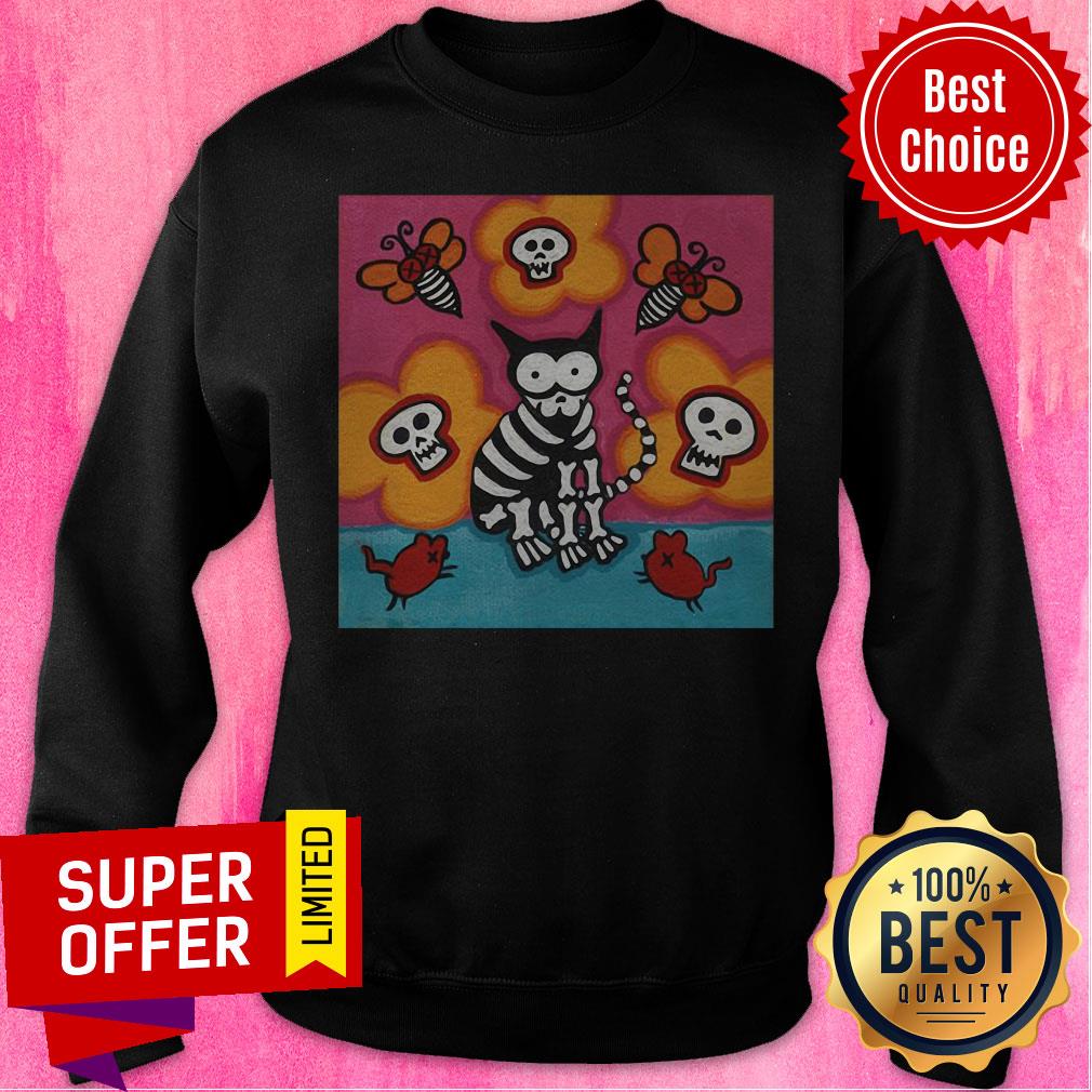 Funny Skelly Cat With Bees Dia De Muertos Day Of Dead Shirt - Image 5
