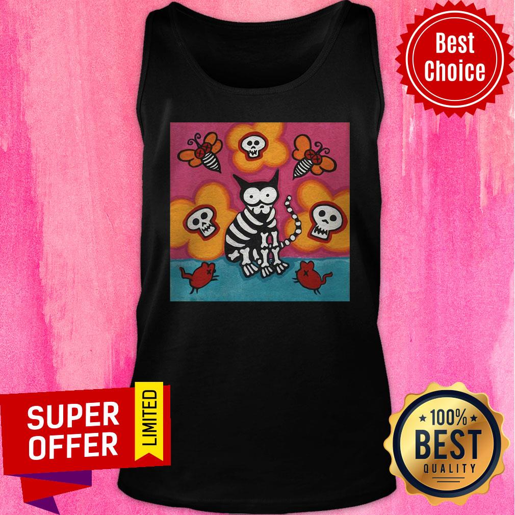 Funny Skelly Cat With Bees Dia De Muertos Day Of Dead Shirt - Image 4
