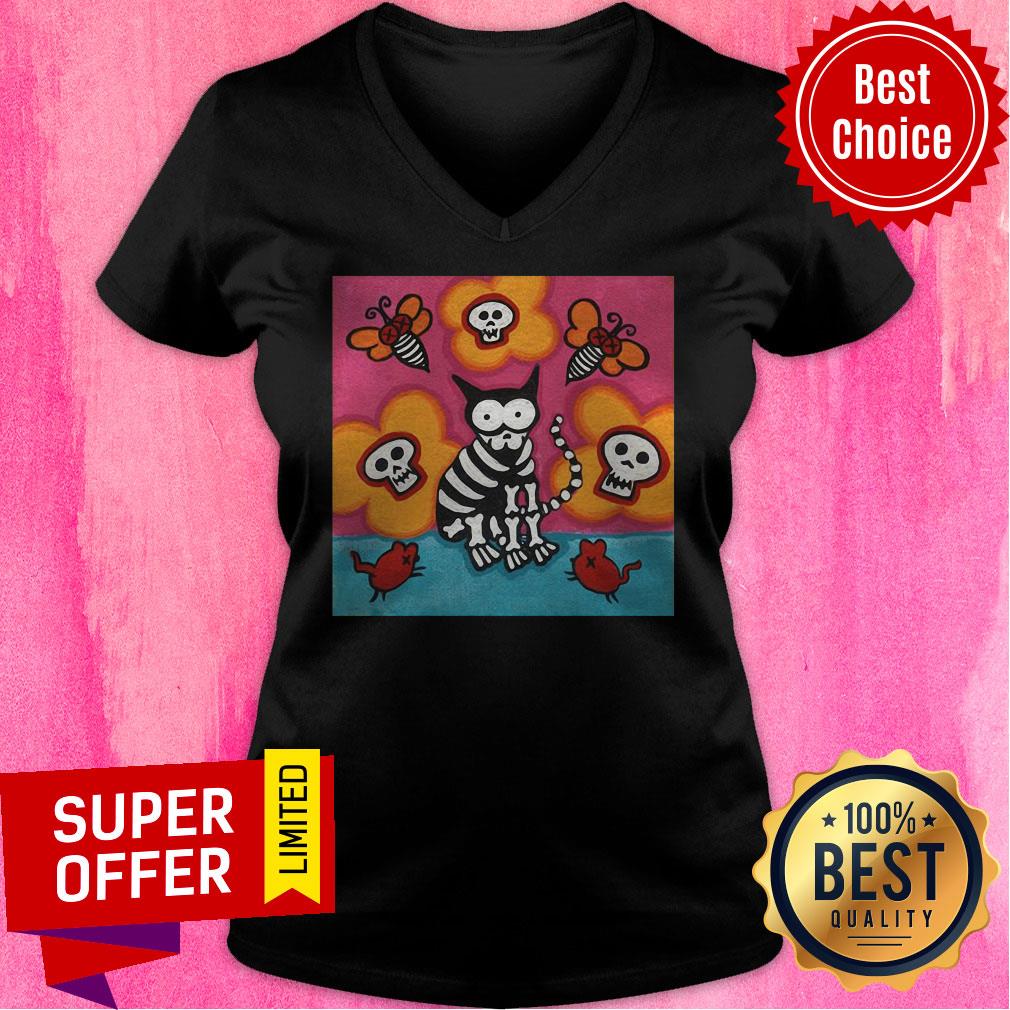 Funny Skelly Cat With Bees Dia De Muertos Day Of Dead Shirt - Image 3