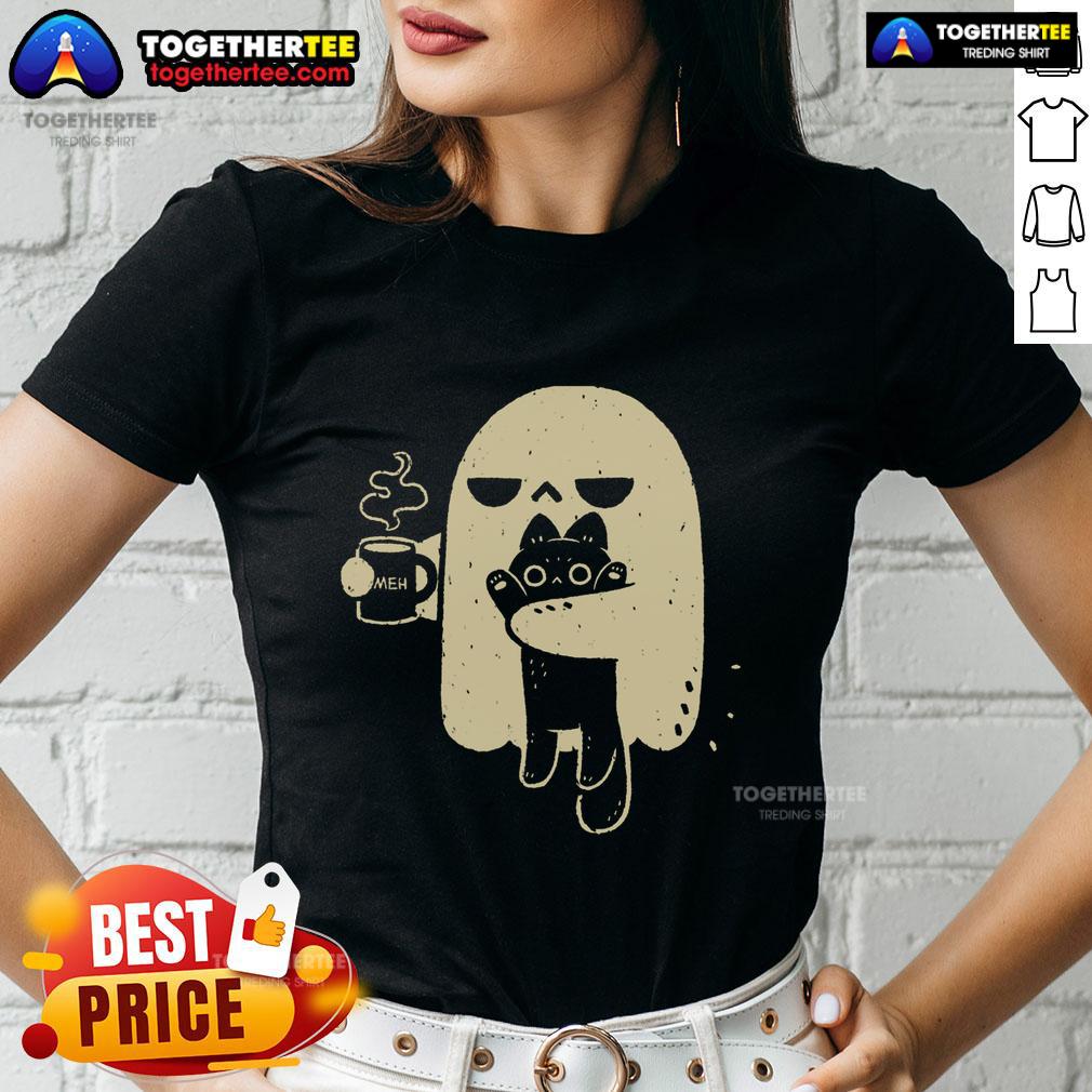 Good Ghost Meh Coffee Holding Cat T-Shirt - Image 3