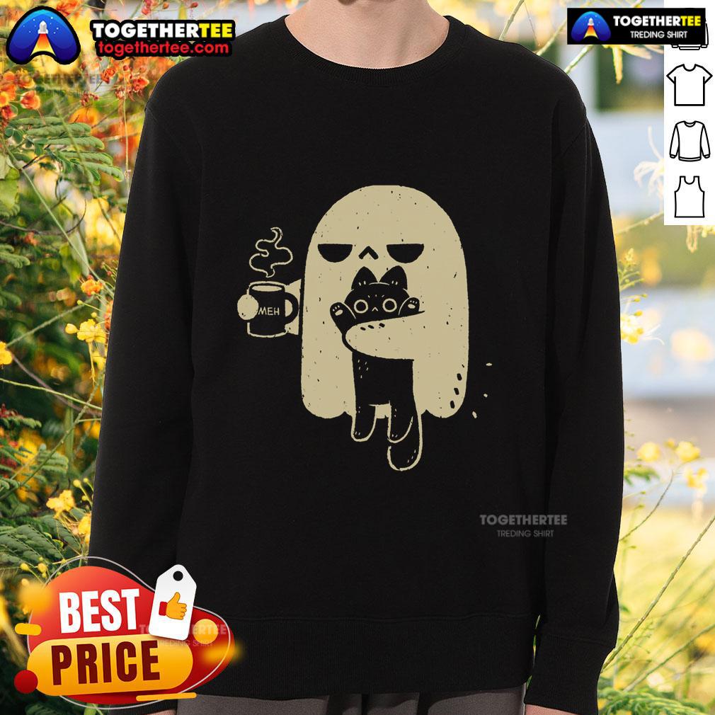 Good Ghost Meh Coffee Holding Cat T-Shirt - Image 5