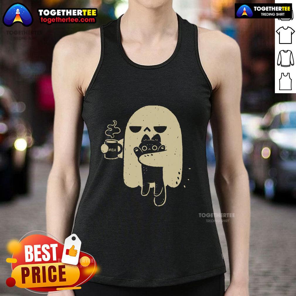 Good Ghost Meh Coffee Holding Cat T-Shirt - Image 4