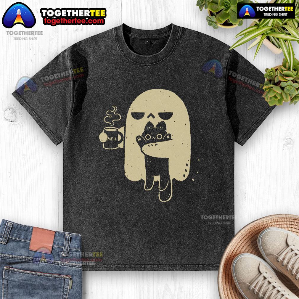 Good Ghost Meh Coffee Holding Cat T-Shirt - Image 6