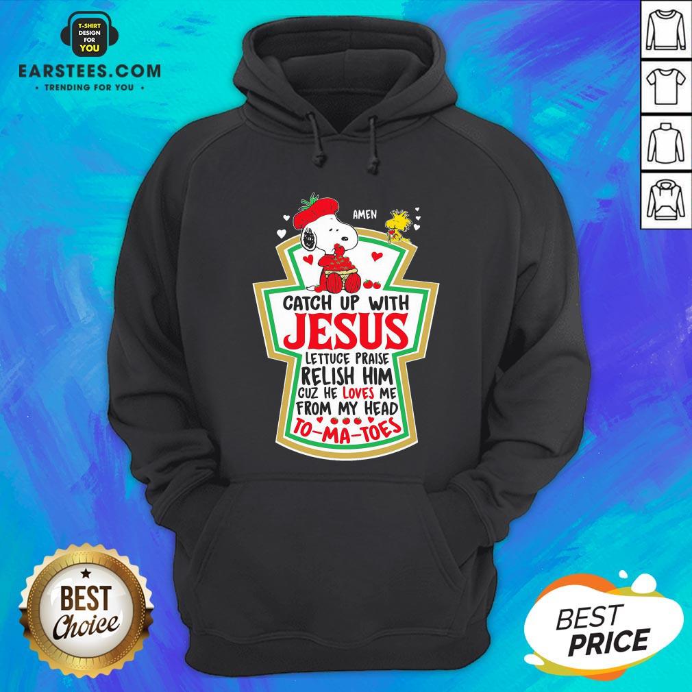 Official Snoopy And Woodstock Catch Up With Jesus Tomatoes Shirt - Image 3