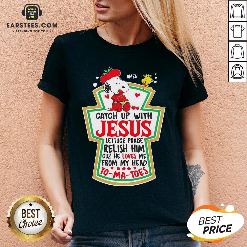 Official Snoopy And Woodstock Catch Up With Jesus Tomatoes Shirt - Image 4
