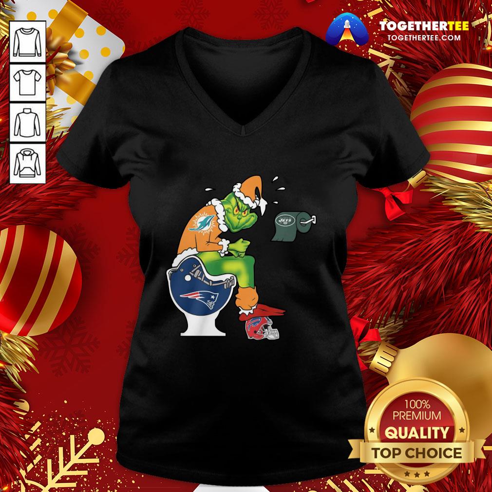Top The Grinch Miami Dolphins Shit On Toilet New England Patriots And Other Teams Christmas Shirt - Image 2