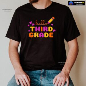 Alternative view of Hello Third Grade 3rd Grade Student Crayon Purple Heart Back To School T-Shirt