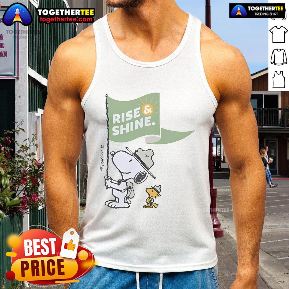 Official Snoopy And Woodstock Rise Shine Flag T-Shirt - Image 4