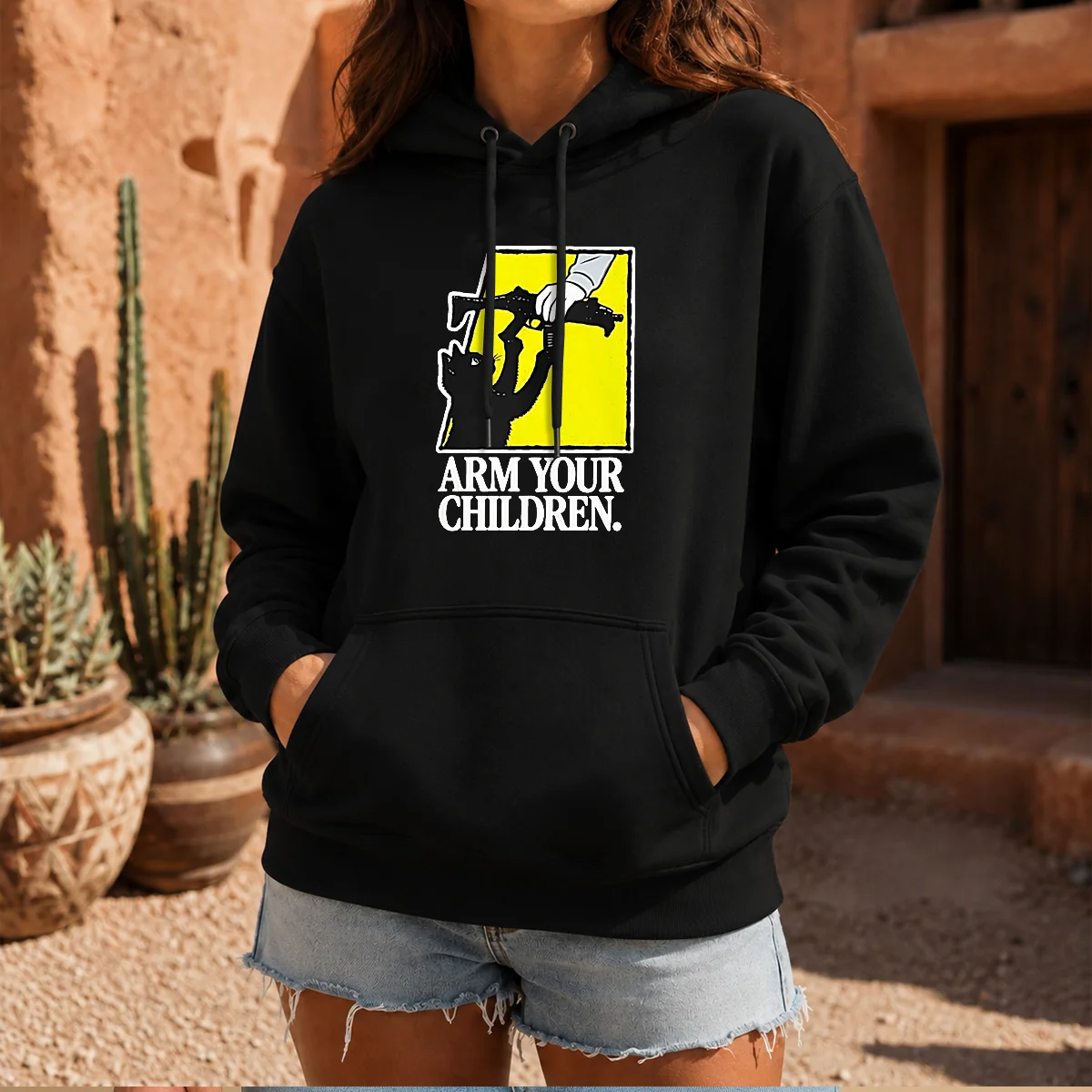 Pretty Black Cat With Gun Satire Arm Your Children Shirt - Image 6
