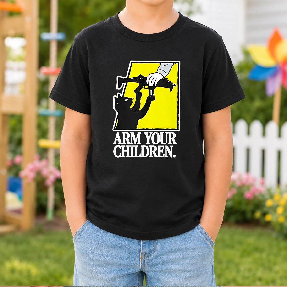 Pretty Black Cat With Gun Satire Arm Your Children Shirt - Image 9