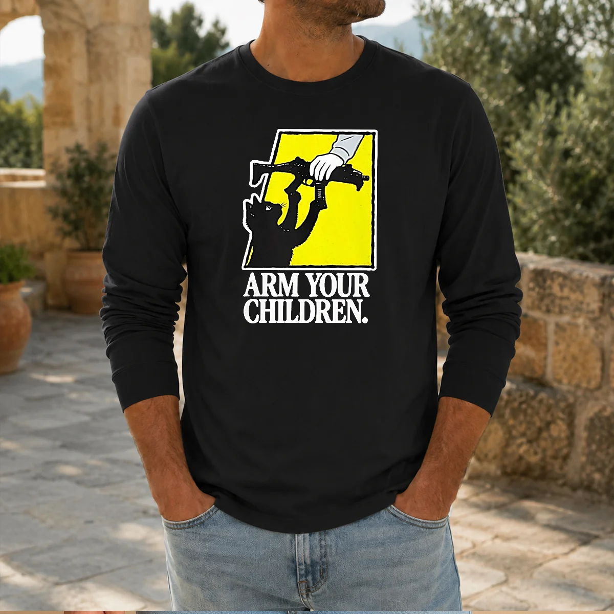 Pretty Black Cat With Gun Satire Arm Your Children Shirt - Image 5