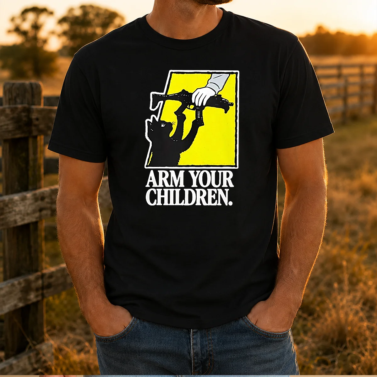 Pretty Black Cat With Gun Satire Arm Your Children Shirt