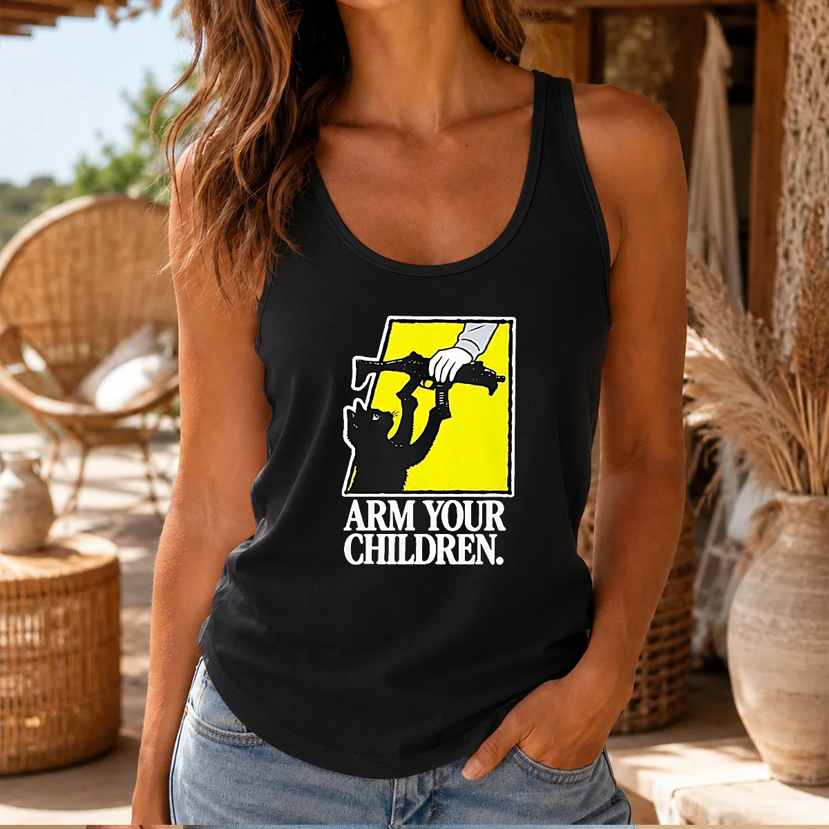 Pretty Black Cat With Gun Satire Arm Your Children Shirt - Image 3