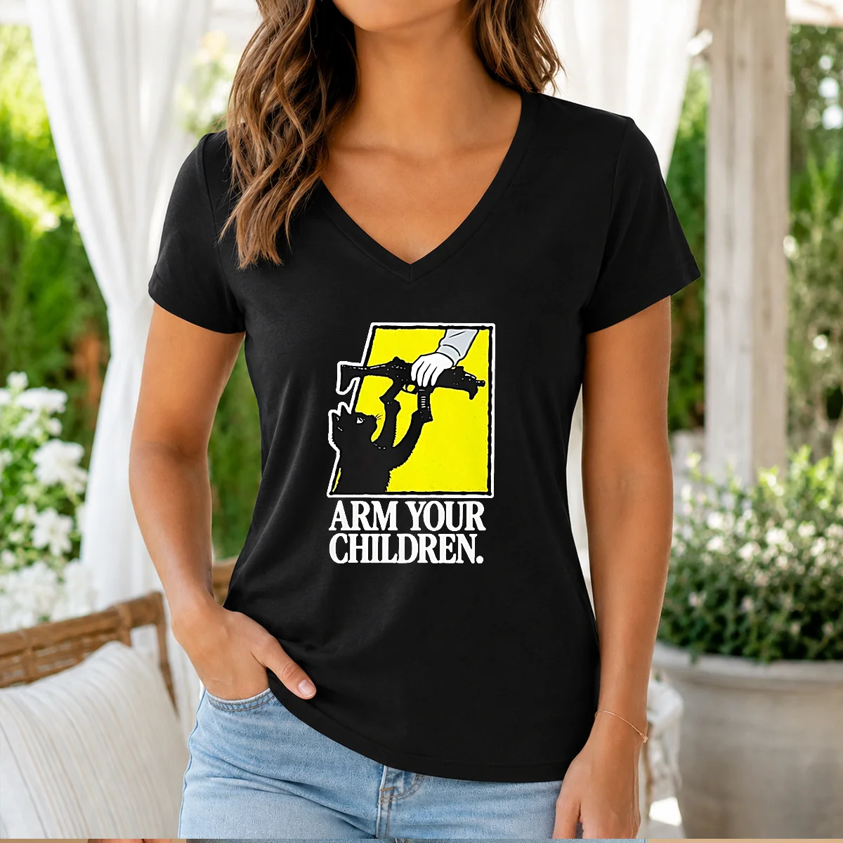 Pretty Black Cat With Gun Satire Arm Your Children Shirt - Image 2